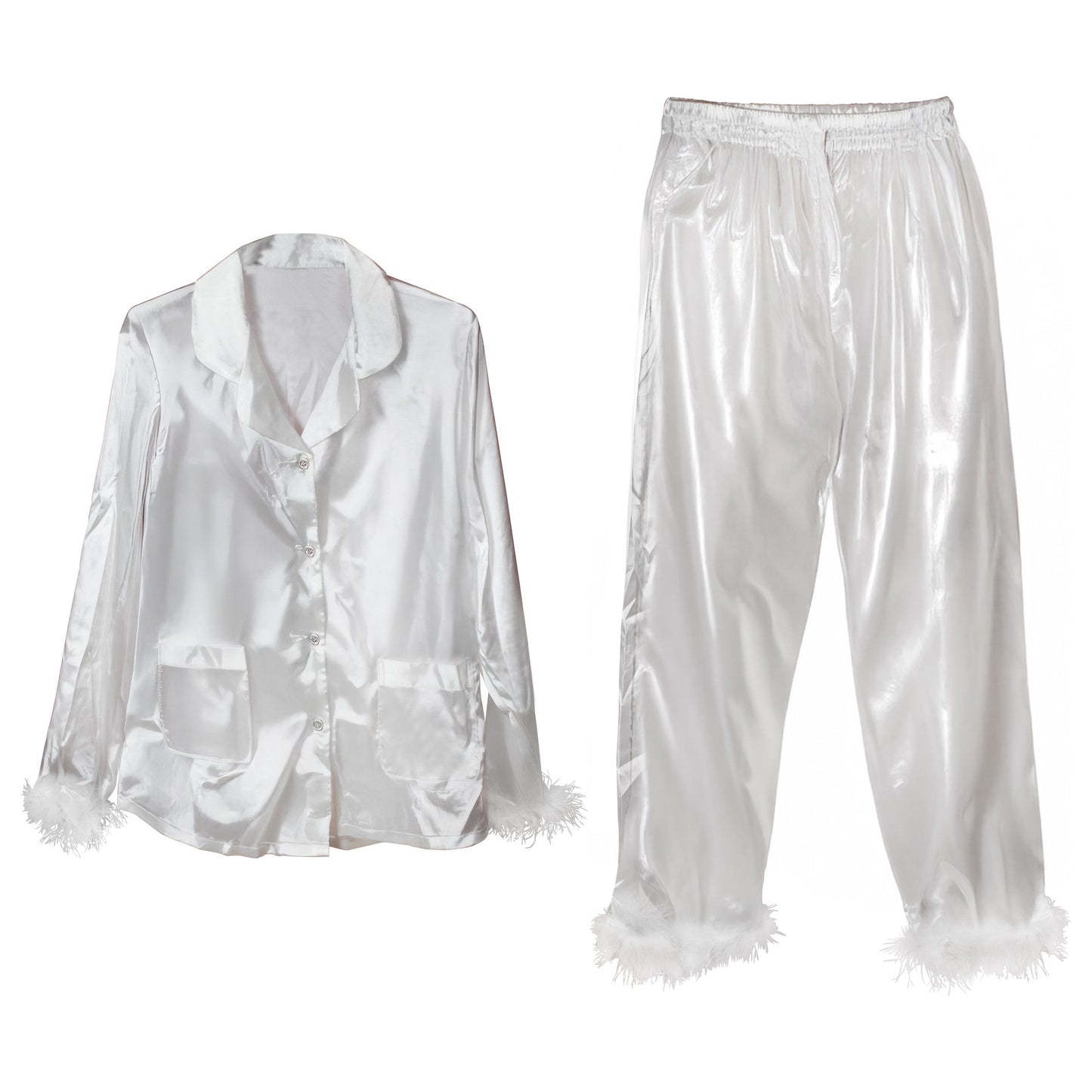 White Satin Pyjamas with Feather Trims - Large- 5 Inner Pack