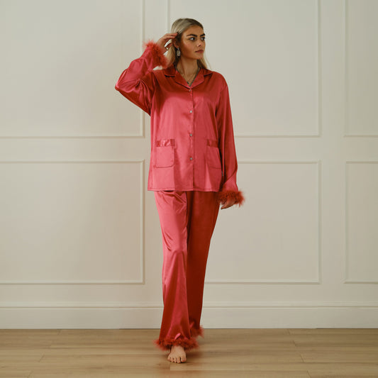 Pink Satin Pyjamas with Feather Trims - Small- 5 Inner Pack