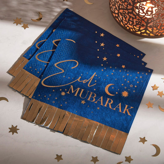 Navy & Gold Eid Mubarak Fringe Napkin- 5 Inner Pack