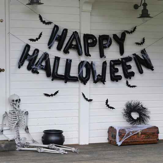 Happy Halloween Balloon Bunting with Hanging Bats and Cobwebs- 5 Inner Pack
