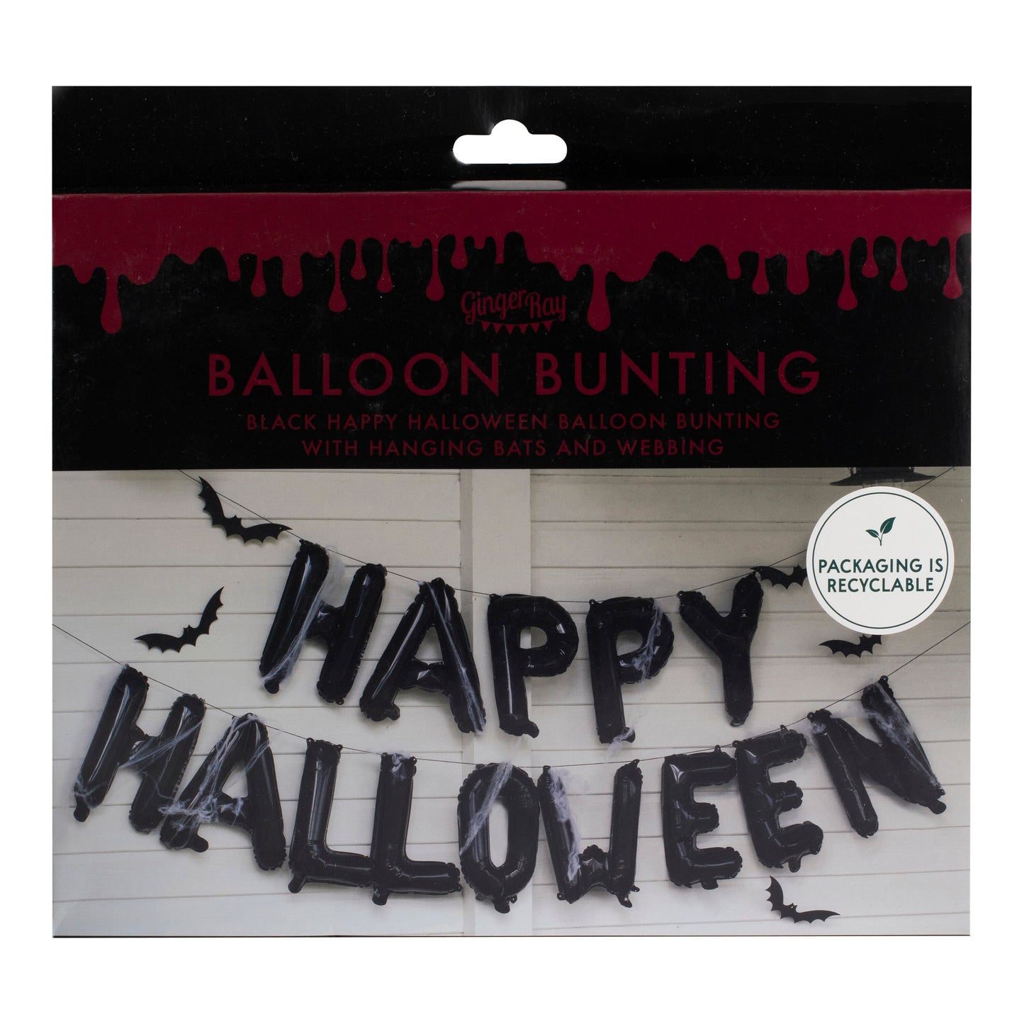 Happy Halloween Balloon Bunting with Hanging Bats and Cobwebs- 5 Inner Pack