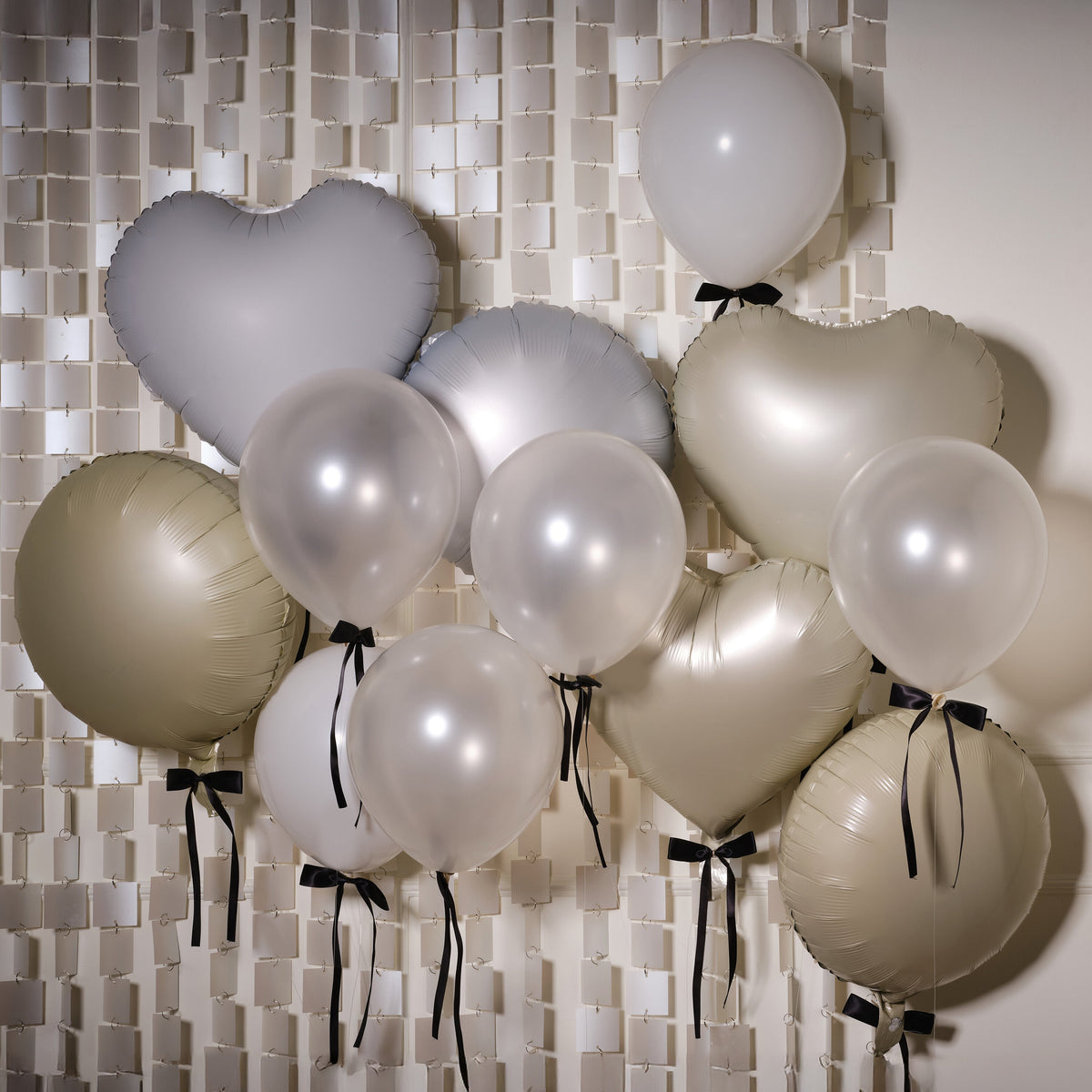Cream and White Balloon Bundle with Black Satin Bows- 5 Inner Pack