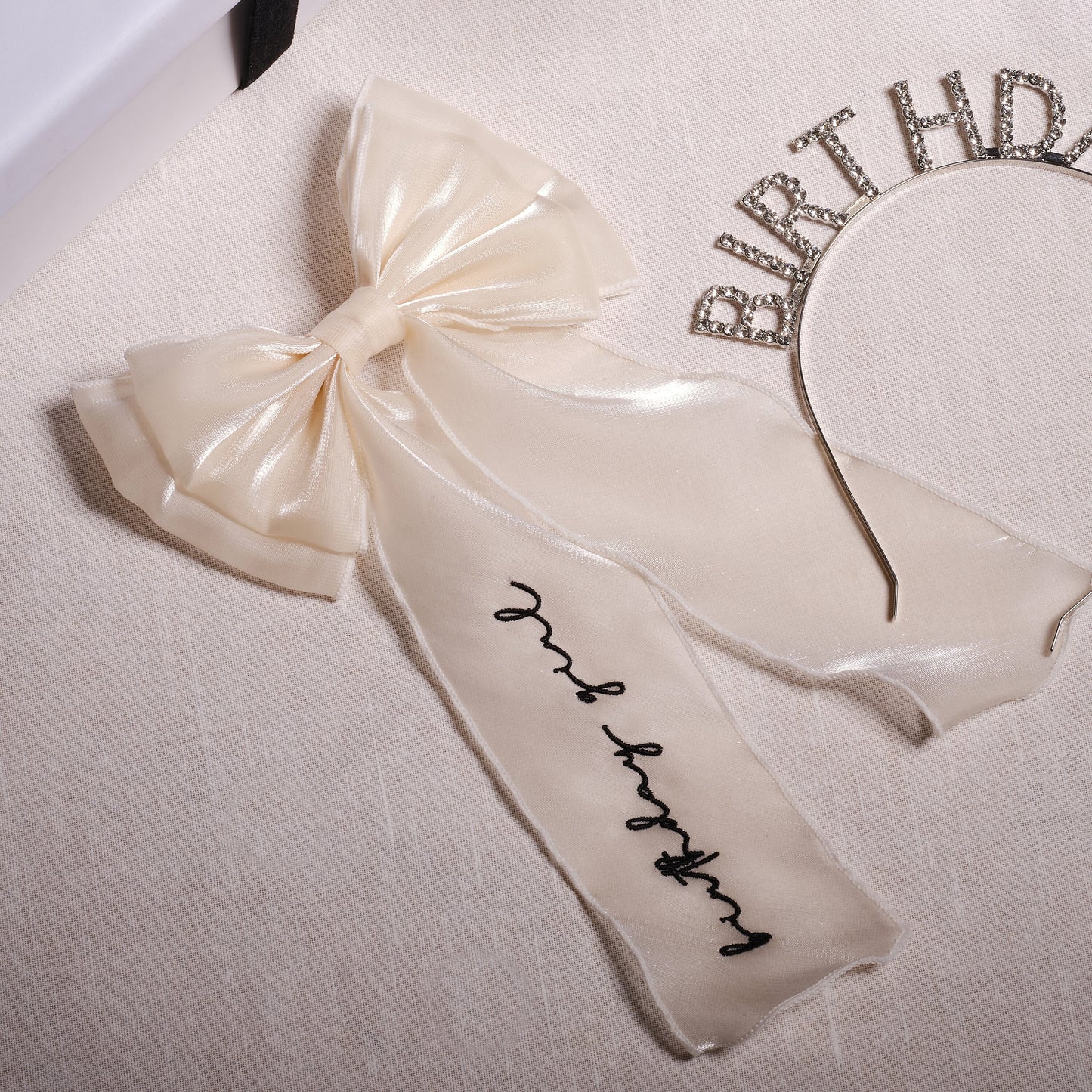 Ivory Embroidered 'Birthday Girl' Hair Bow- 5 Inner Pack