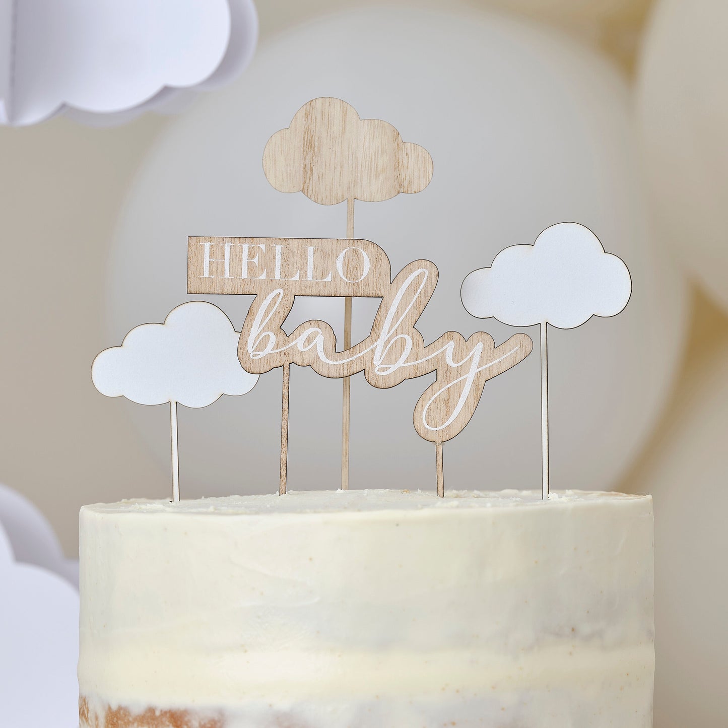 Wooden Hello Baby and Clouds Baby Shower Cake Topper- 5 Inner Pack