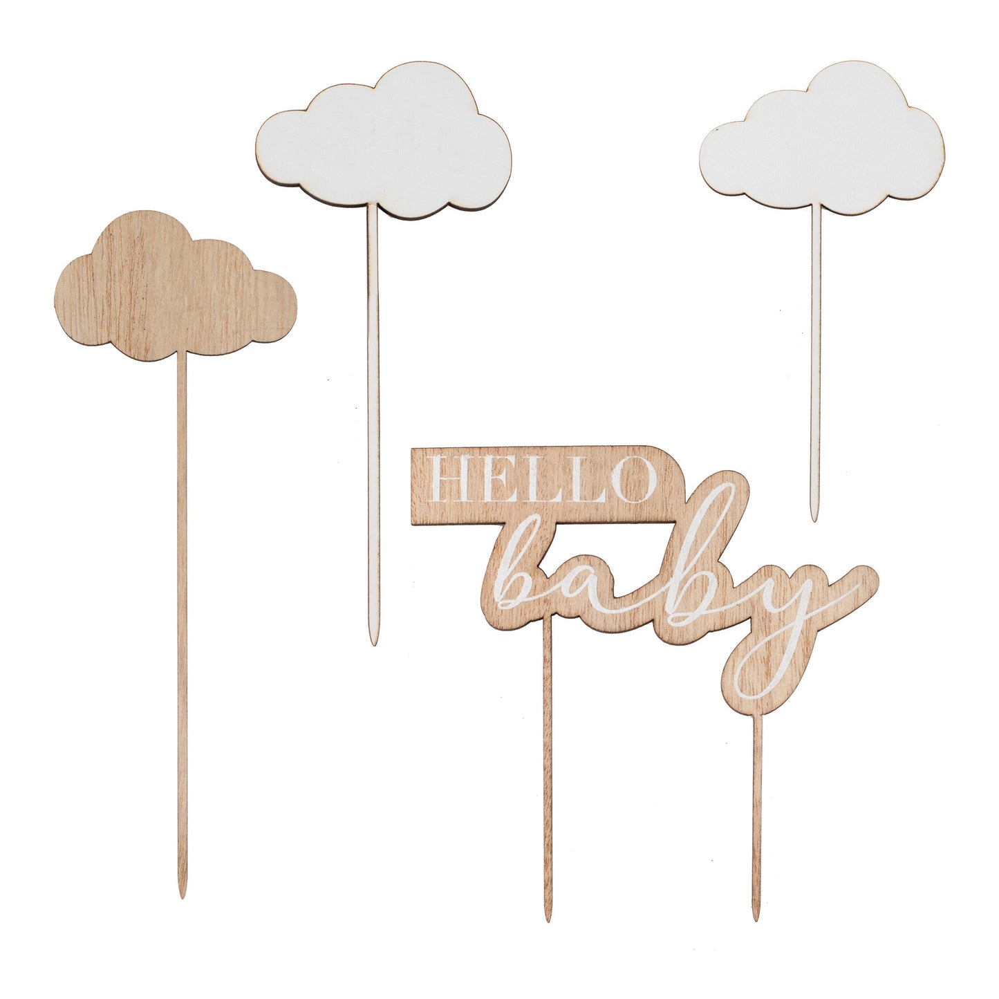 Wooden Hello Baby and Clouds Baby Shower Cake Topper- 5 Inner Pack