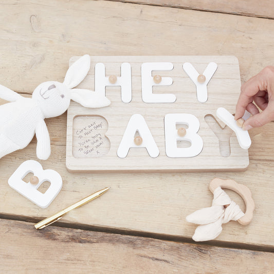 Hey Baby Wooden Puzzle Baby Shower Guest Book- 5 Inner Pack