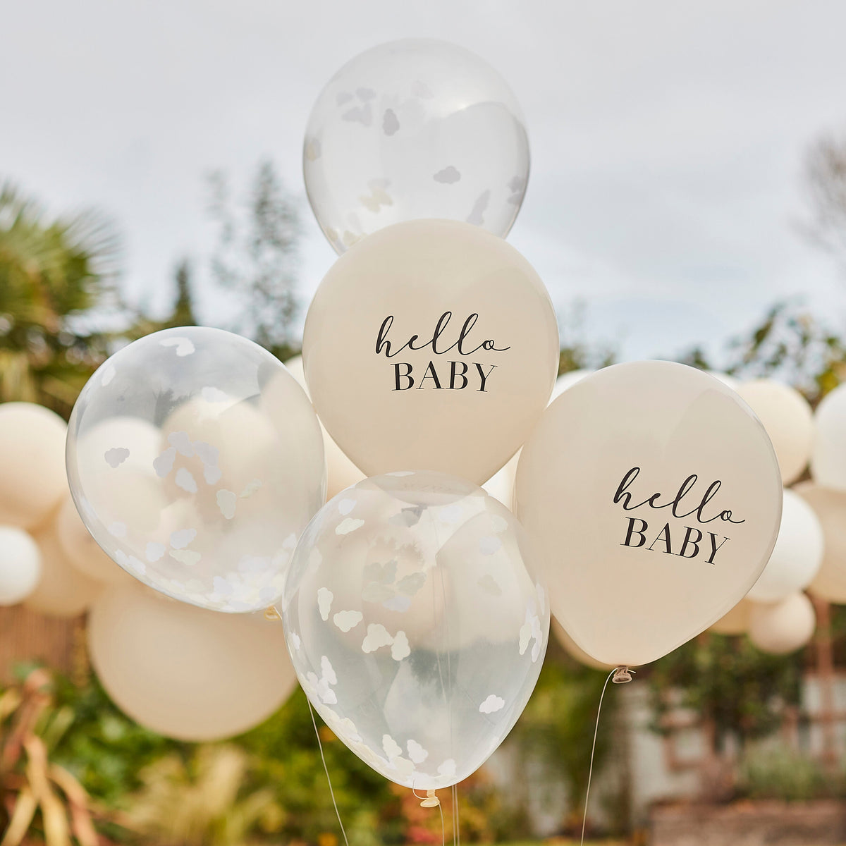 Hello Baby Taupe and Cloud Confetti Baby Shower Balloons- 5 Inner Pack