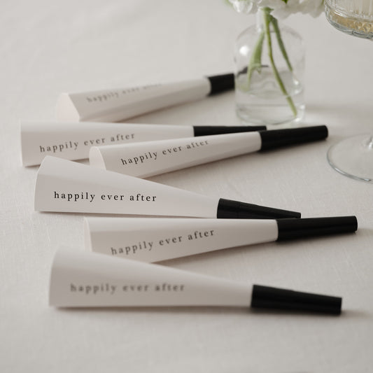 Black and White 'Happily Ever After' Wedding Party Horns- 10 Inner Pack