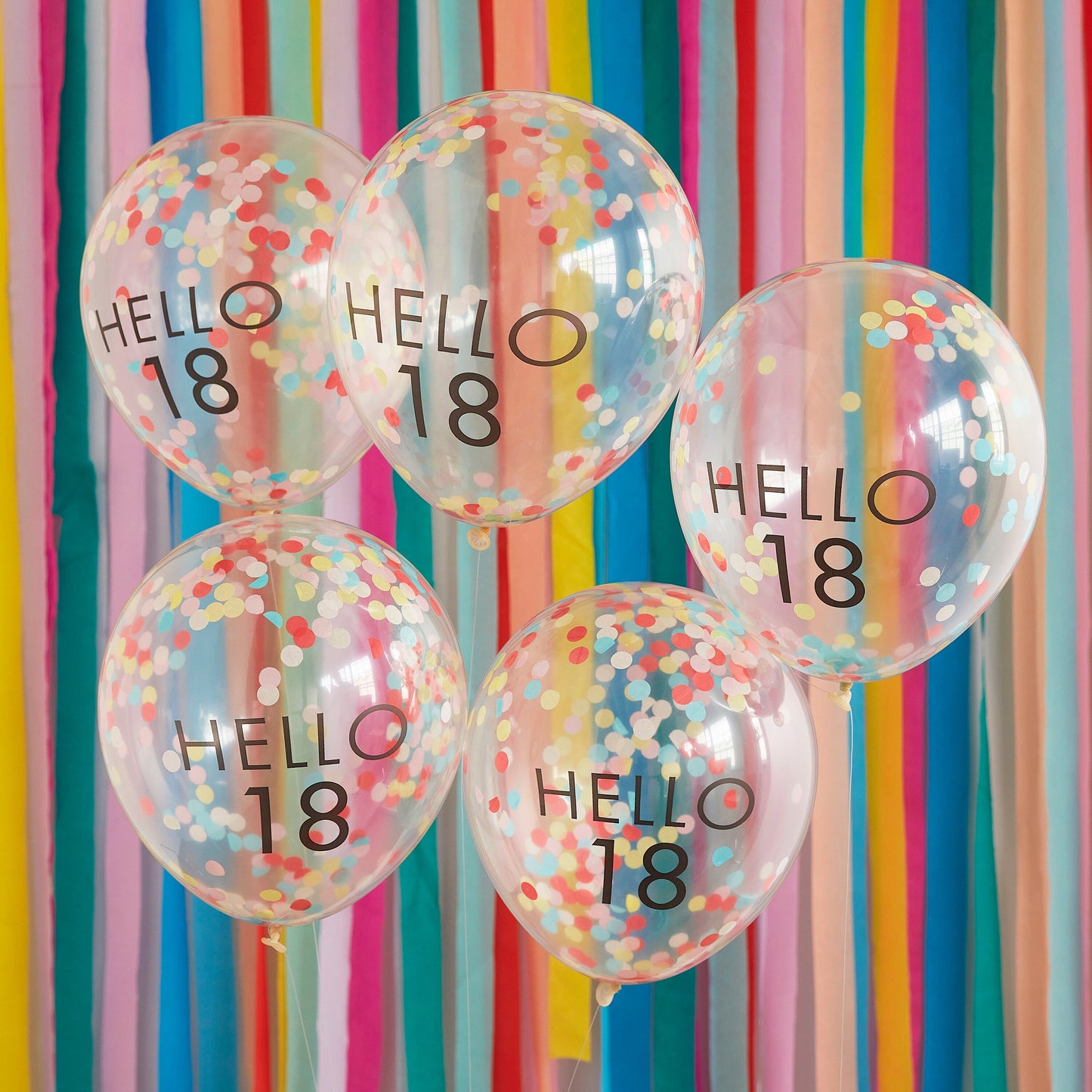 Hello 18 Rainbow Confetti 18th Birthday Balloons- 5 Inner Pack