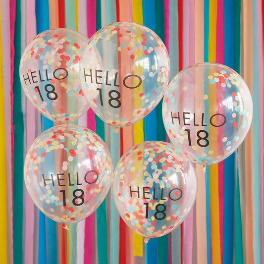 Hello 18 Rainbow Confetti 18th Birthday Balloons- 5 Inner Pack