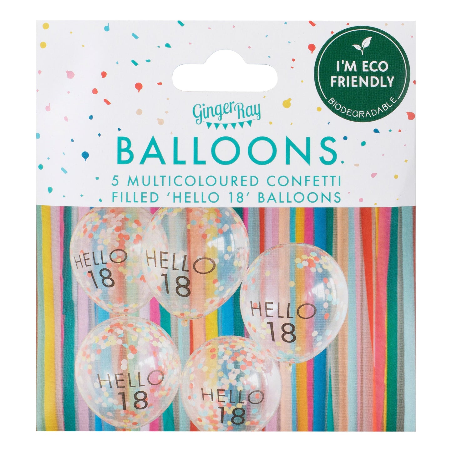 Hello 18 Rainbow Confetti 18th Birthday Balloons- 5 Inner Pack