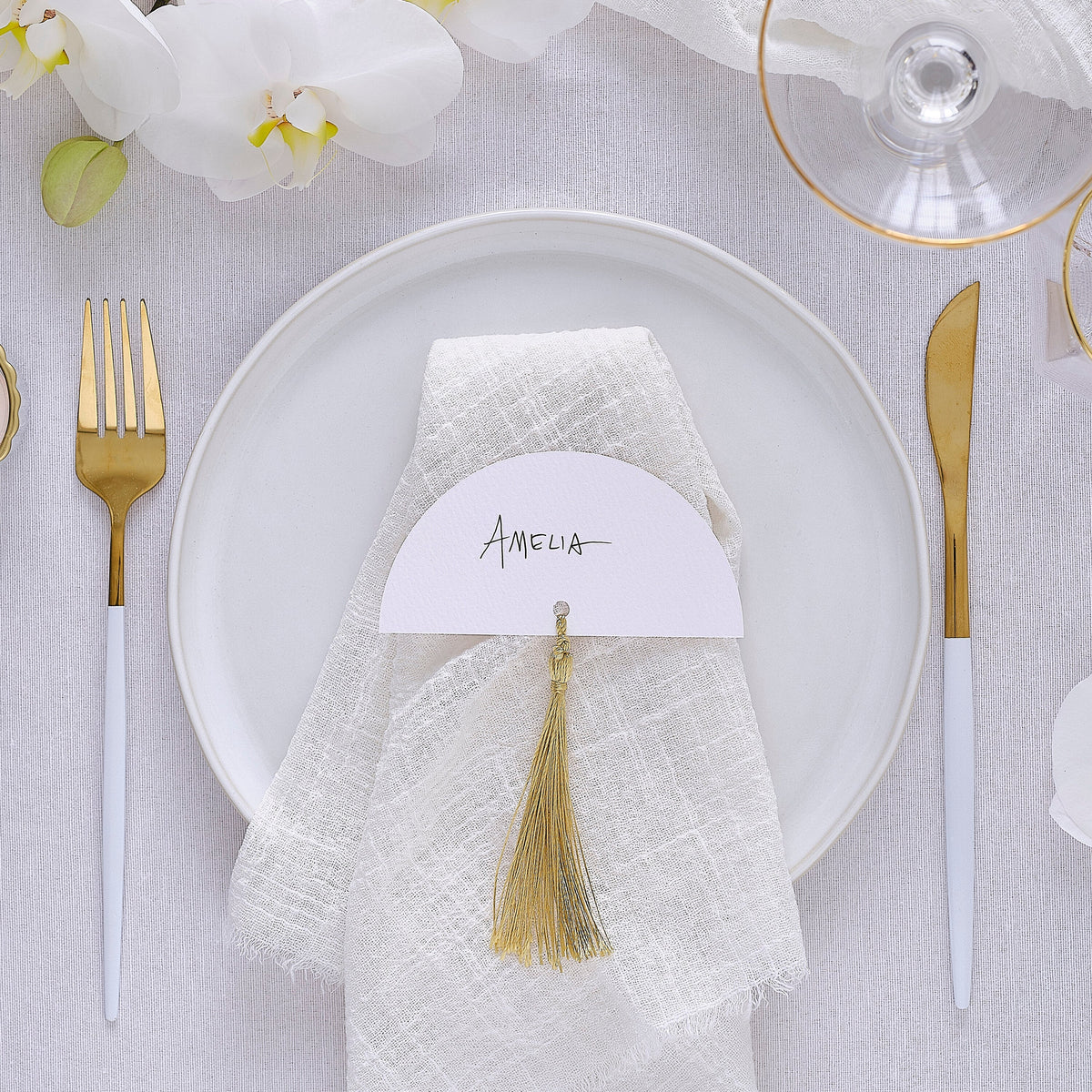 White Wedding Place Cards with Gold Tassels- 5 Inner Pack