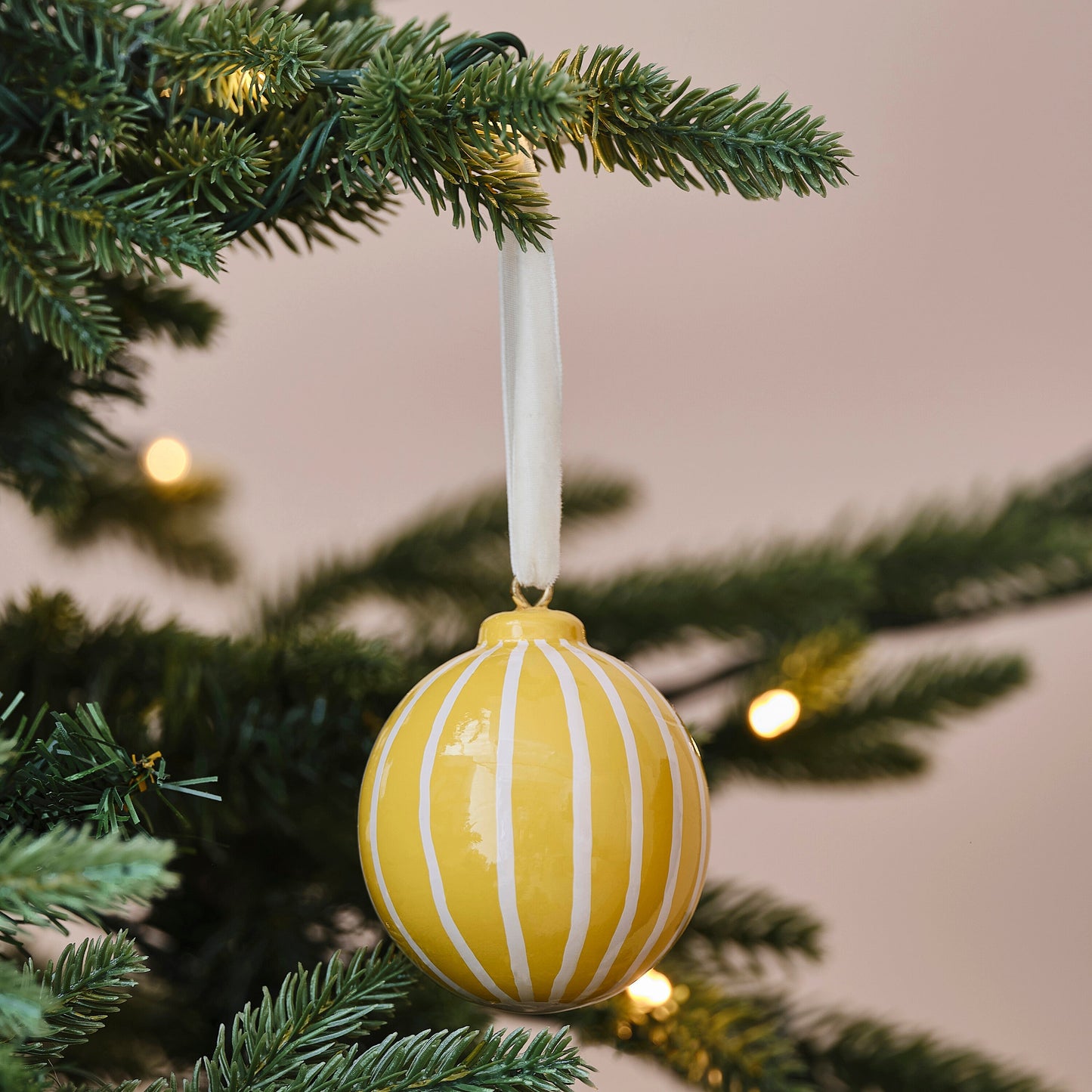 Yellow and White Striped Hand Painted Christmas Bauble- 5 Inner Pack
