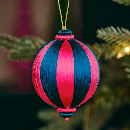 Pink and Turquoise Striped Satin Christmas Bauble- 5 Inner Pack