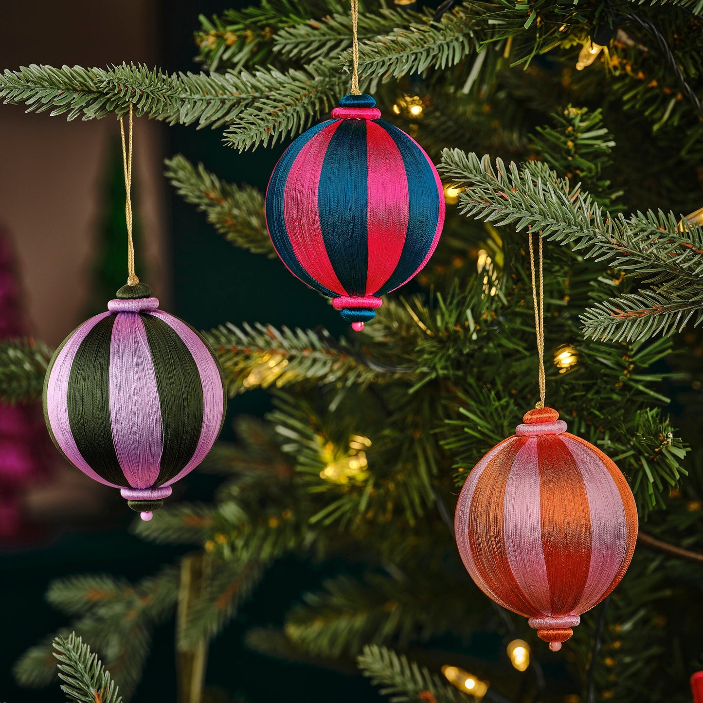 Pink and Turquoise Striped Satin Christmas Bauble- 5 Inner Pack