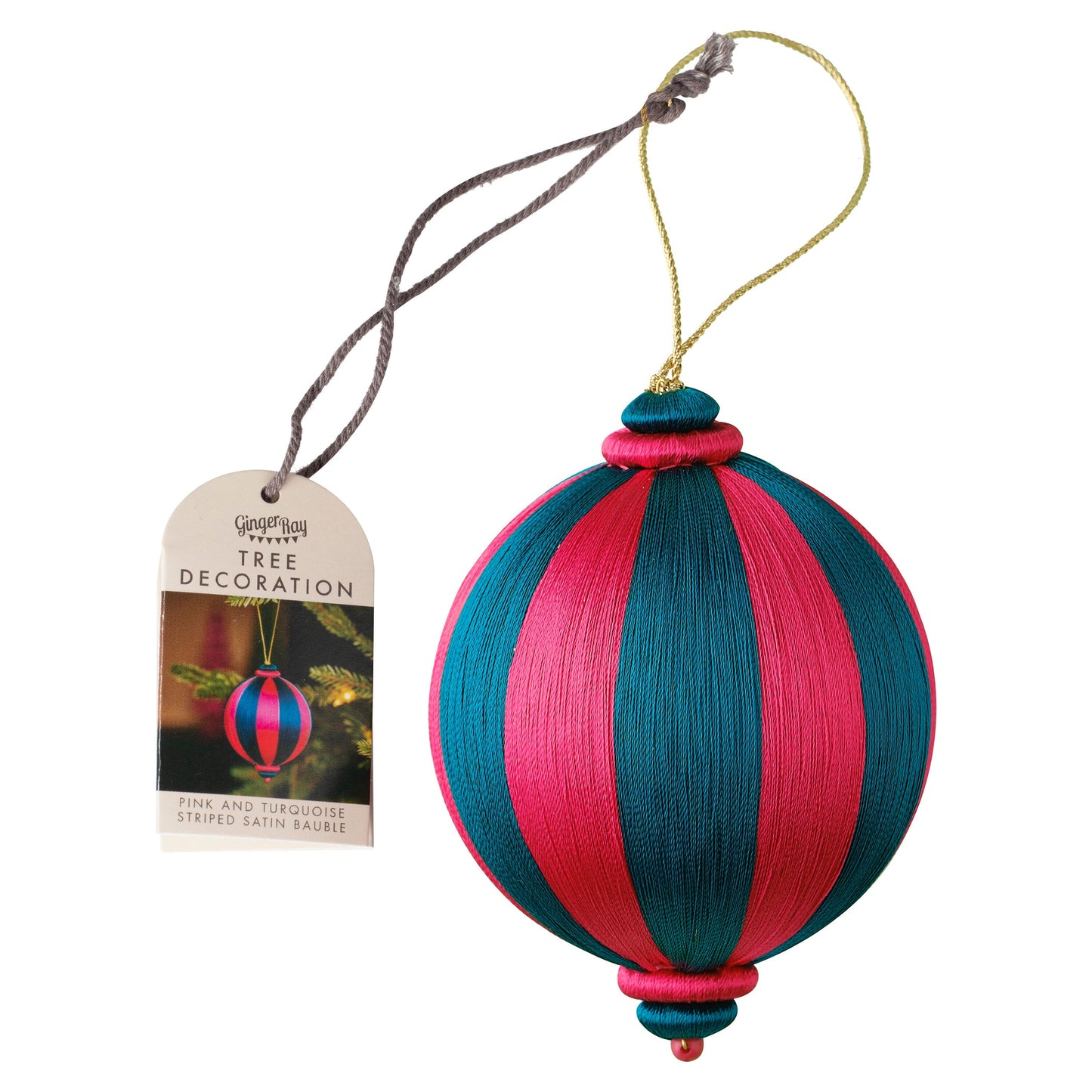 Pink and Turquoise Striped Satin Christmas Bauble- 5 Inner Pack