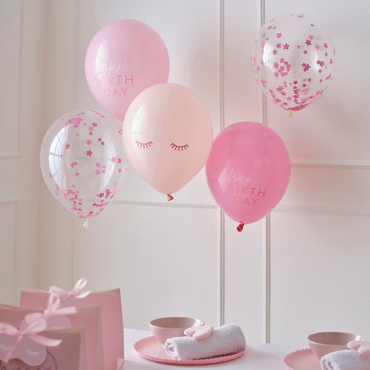 Pink Confetti Happy Birthday Balloons- 5 Inner Pack