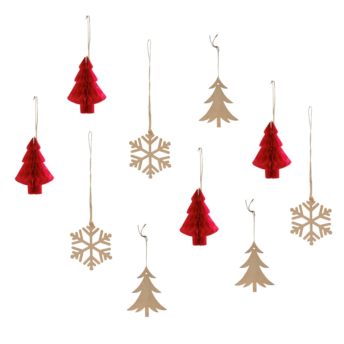 Wooden Trees, Foliage and Red Christmas Hanging Decorations- 5 Inner Pack