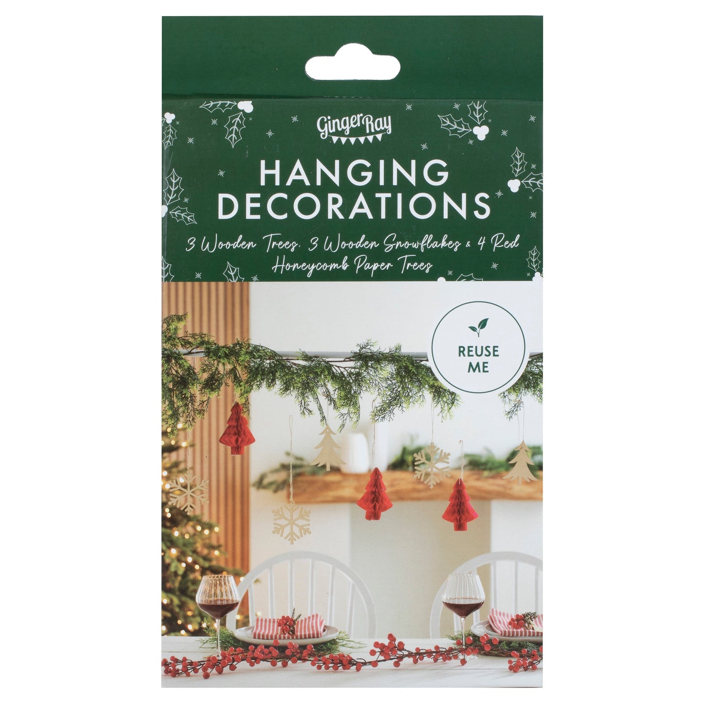 Wooden Trees, Foliage and Red Christmas Hanging Decorations- 5 Inner Pack