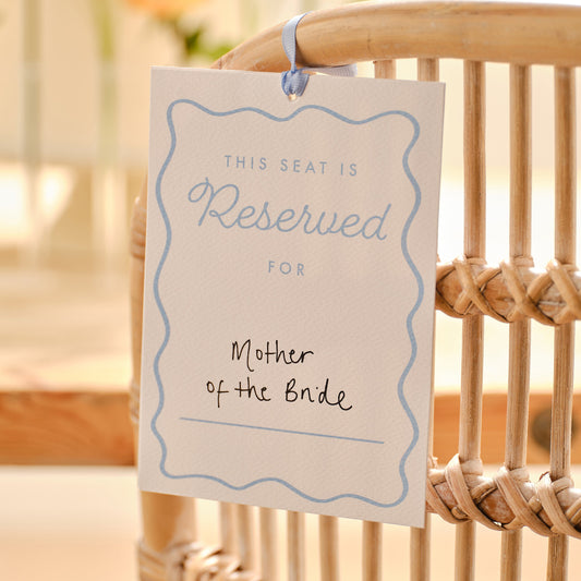 Cream and Blue Customisable Reserved Chair Wedding Signs- 5 Inner Pack