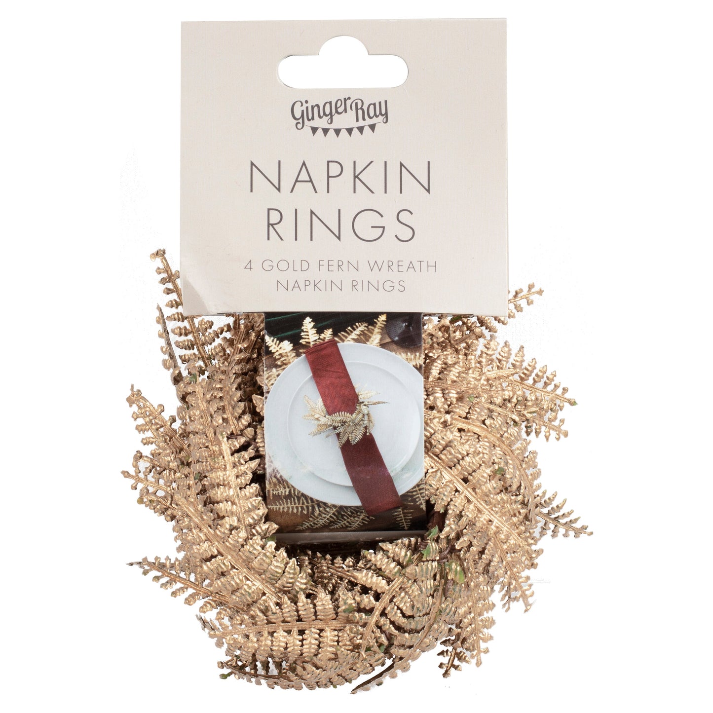 Gold Fern Wreath Christmas Table Napkin Rings- 5 Inner Pack